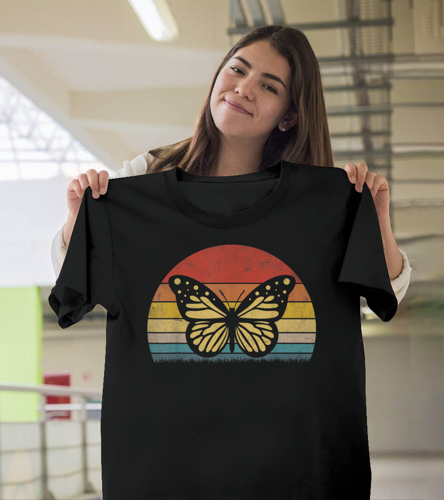 Vintage Butterfly Retro Sunburst Stripes T-Shirt