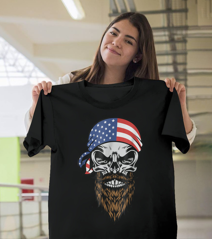 USA Flag Bandana American Beard Skull T-Shirt