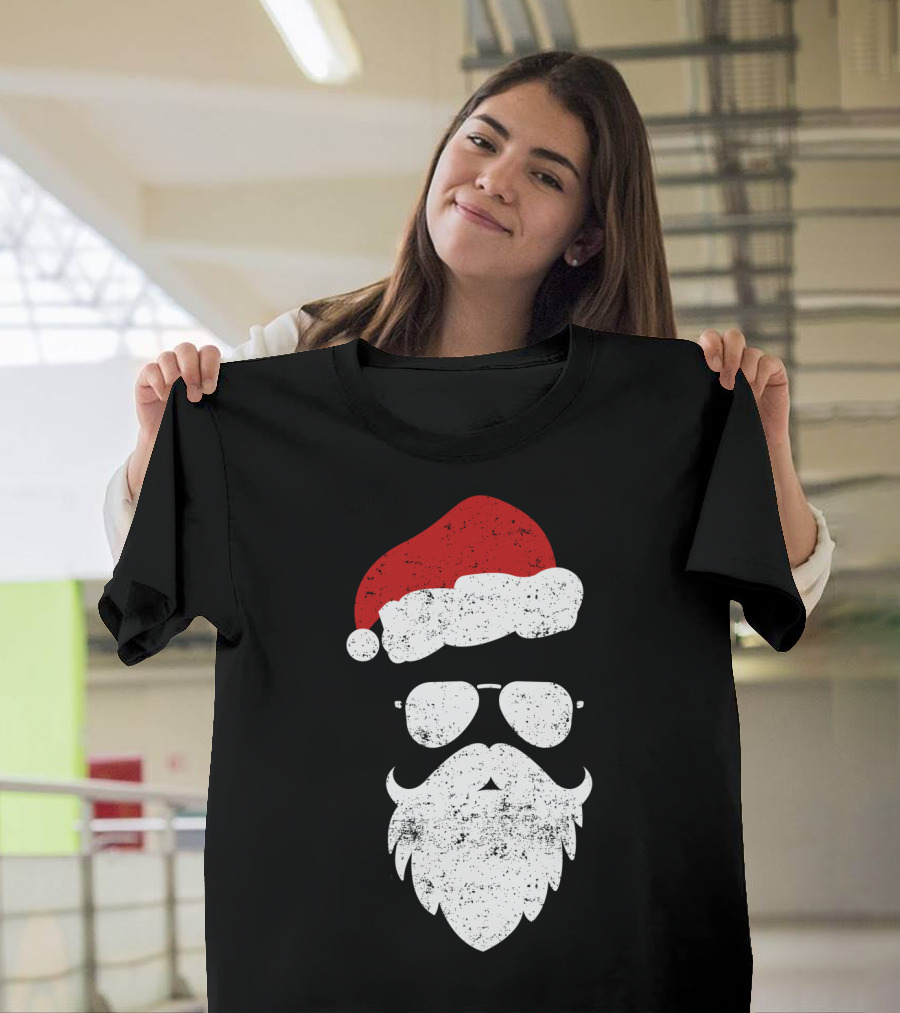 Santa Claus Hipster Style Aviator Sunglasses and Beard Christmas Hat T-Shirt