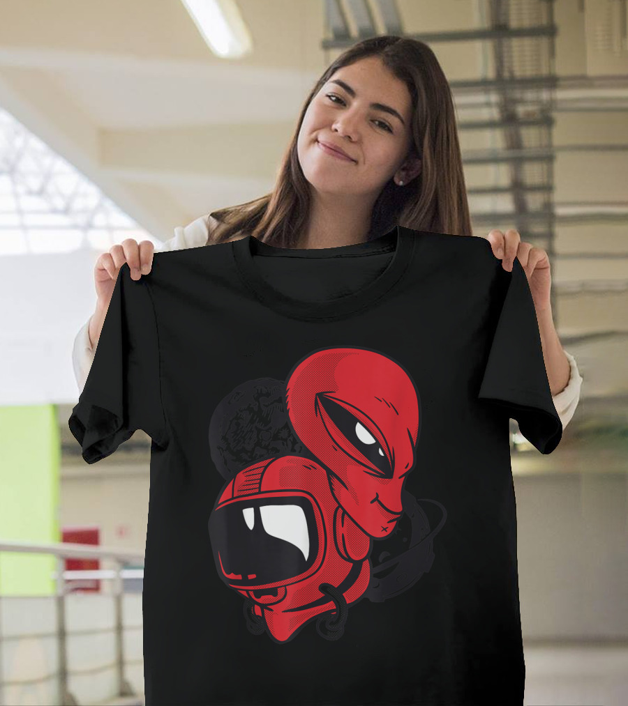 Astronaut and Alien with Planets Retro Style Red T-Shirt