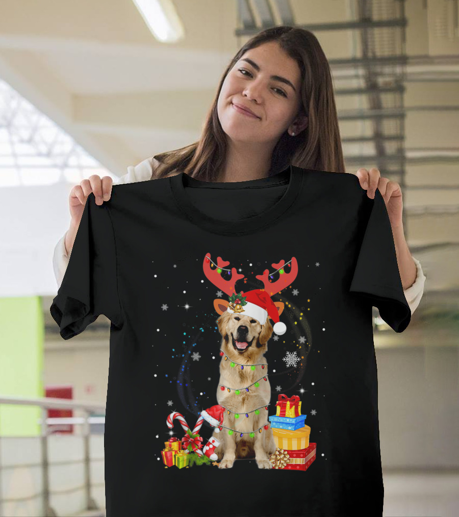 Cute Golden Retriever Christmas Lights Santa Hat Reindeer Antlers Snowflakes Gifts Candy Cane T-Shirt