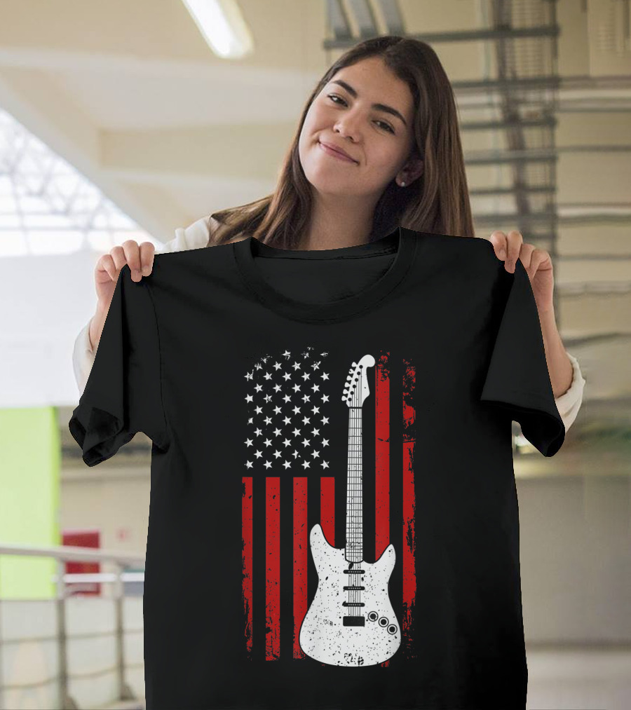 Electric Guitar with American Flag Design Music Player US Flag T-Shirt