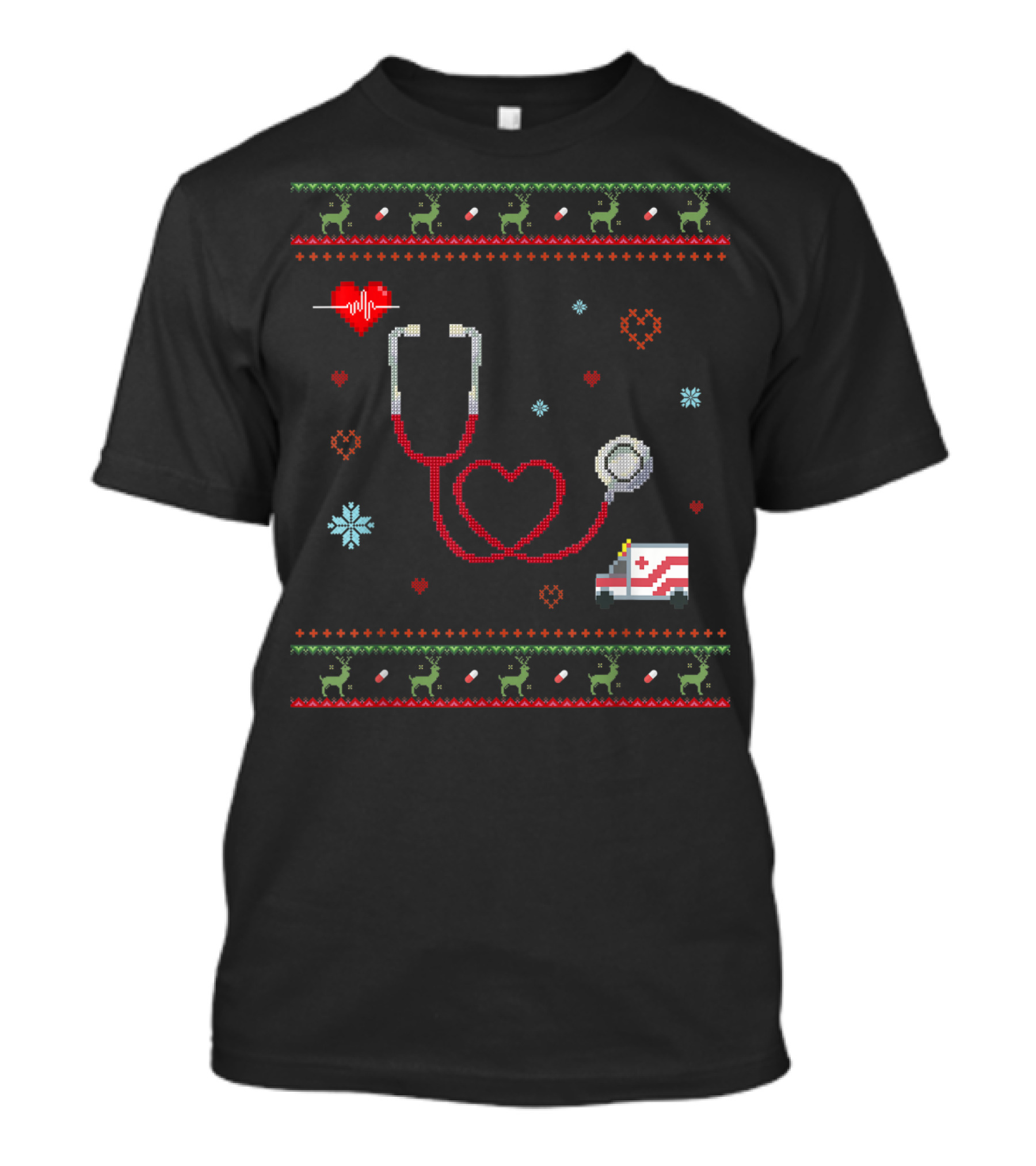 Stethoscope Heartbeat Ambulance Nurse Ugly Christmas T-Shirt