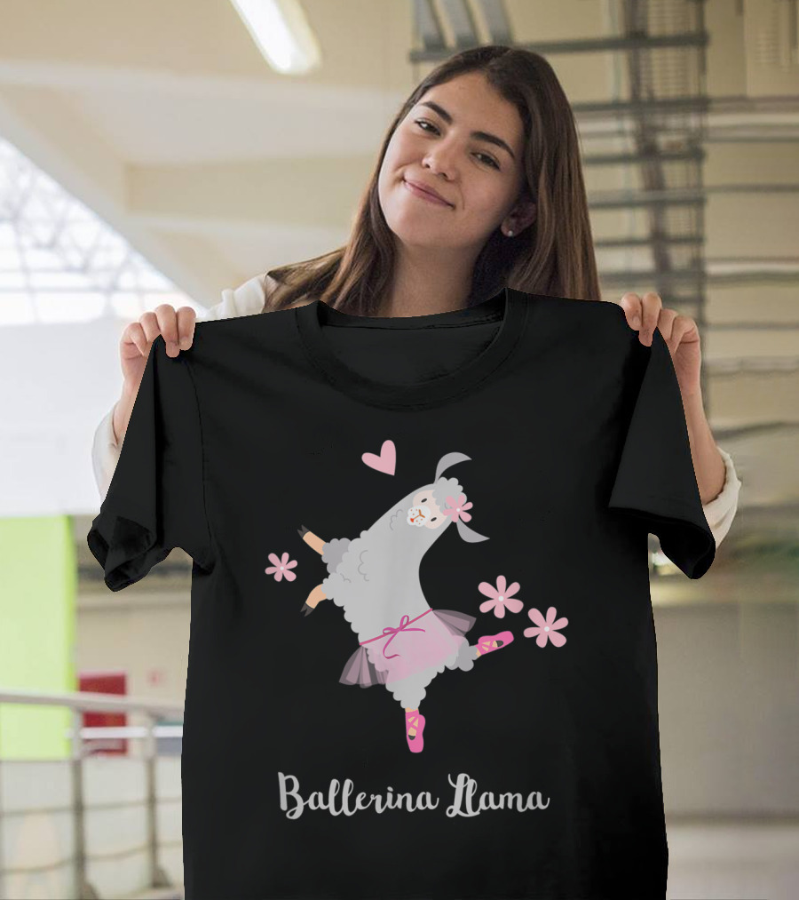 Ballerina Llama Funny Llama Girls Ballet with Pink Tutu and Flowers T-Shirt