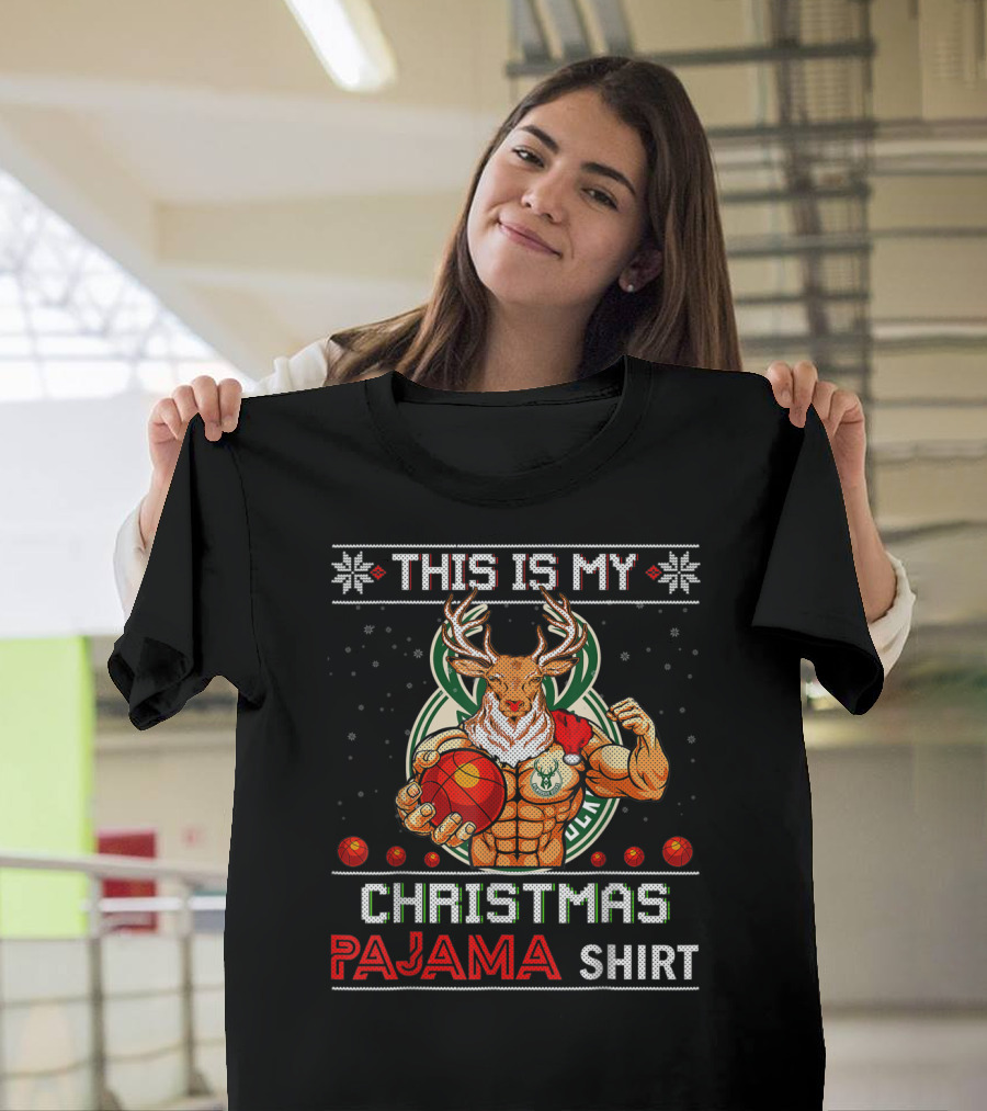 THIS IS MY CHRISTMAS PAJAMA SHIRT Reindeer Basketball T-Shirt