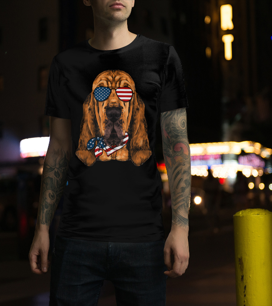 Bloodhound Dog With American Flag Sunglasses And Bandana For Patriotic 4th Of July T-Shirt
