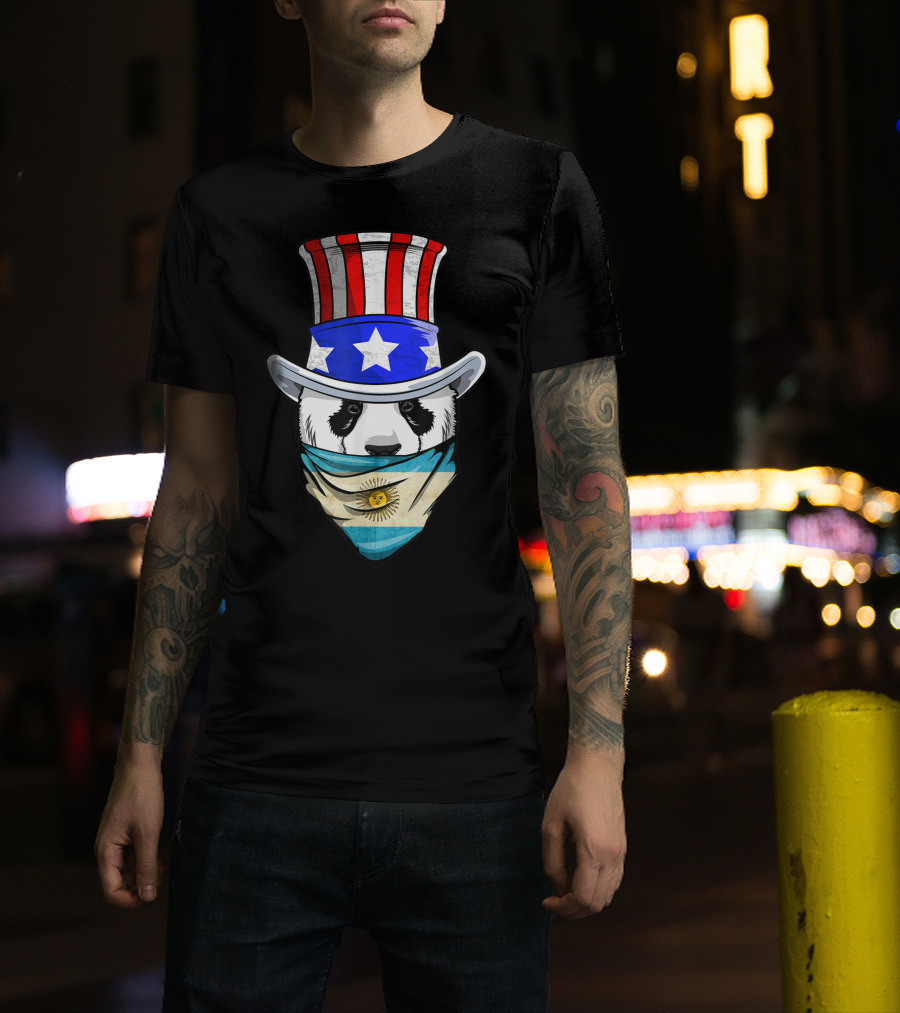 Argentinian Panda Bear In Argentina Bandana Flag With Uncle Sam Hat T-Shirt