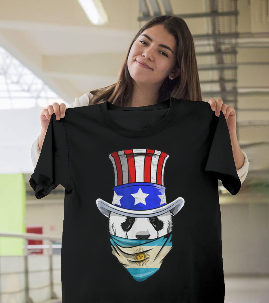 Argentinian Panda Bear In Argentina Bandana Flag With Uncle Sam Hat T-Shirt