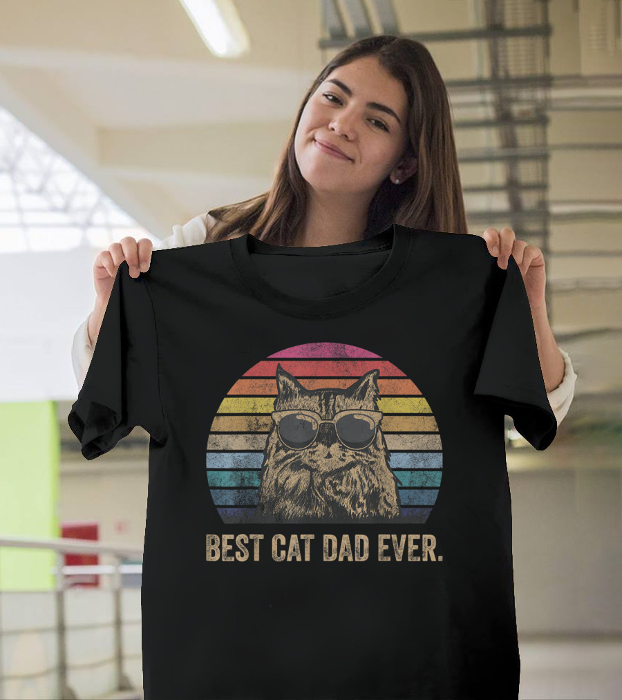 Best Cat Dad Ever Vintage Retro Stripes Sunglasses T-Shirt