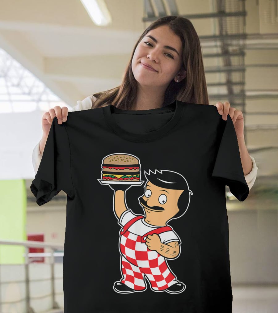 Big Bob Checkered Overalls Burger Mascot T-Shirt