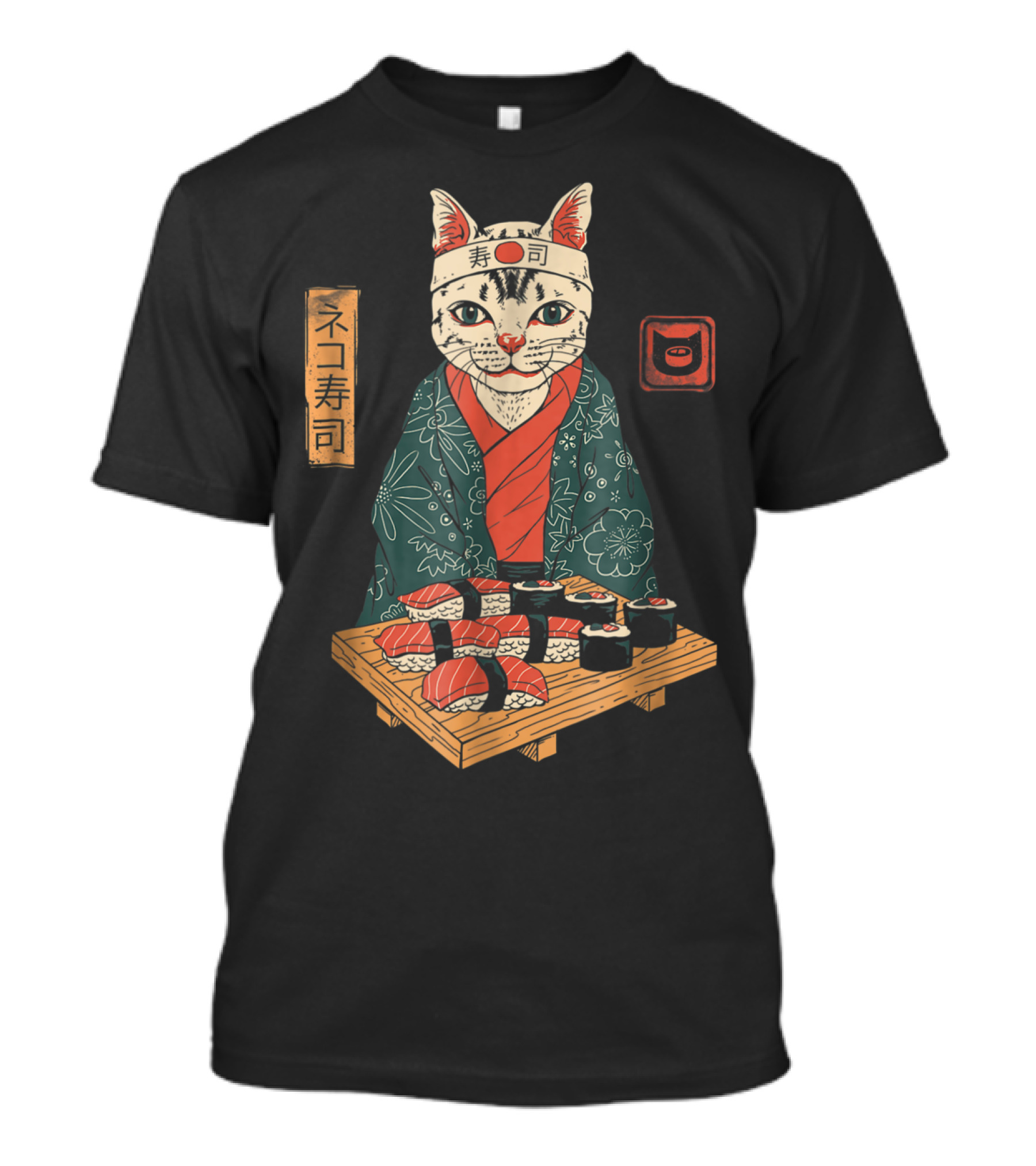 Neko Sushi Cat Chef In Kimono With Sushi Platter T-Shirt