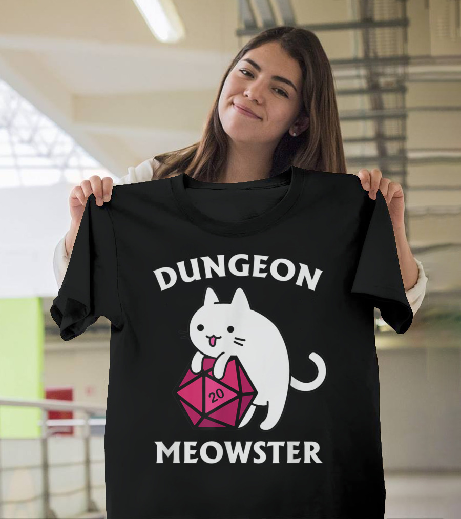 Dungeon Meowster Cat Hugging D20 Dice For Funny DnD Tabletop Gamer T-Shirt