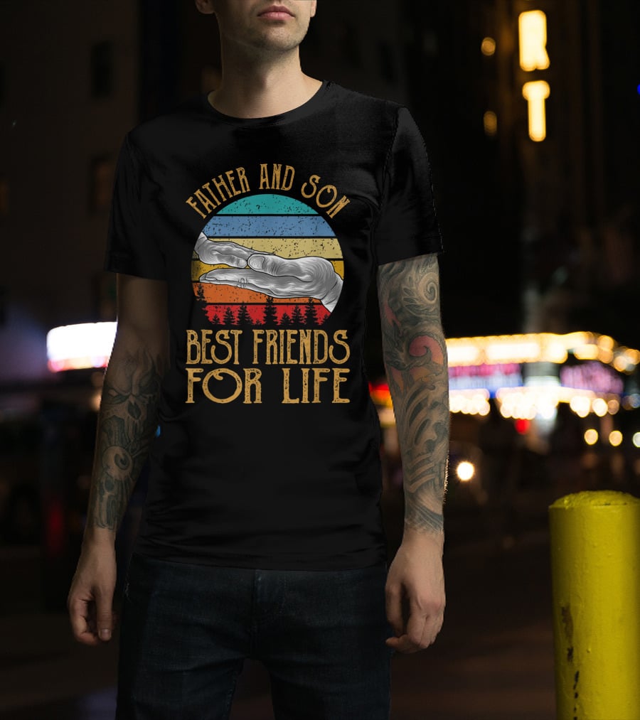 Father And Son Best Friends For Life Vintage Hands Retro Stripes T-Shirt