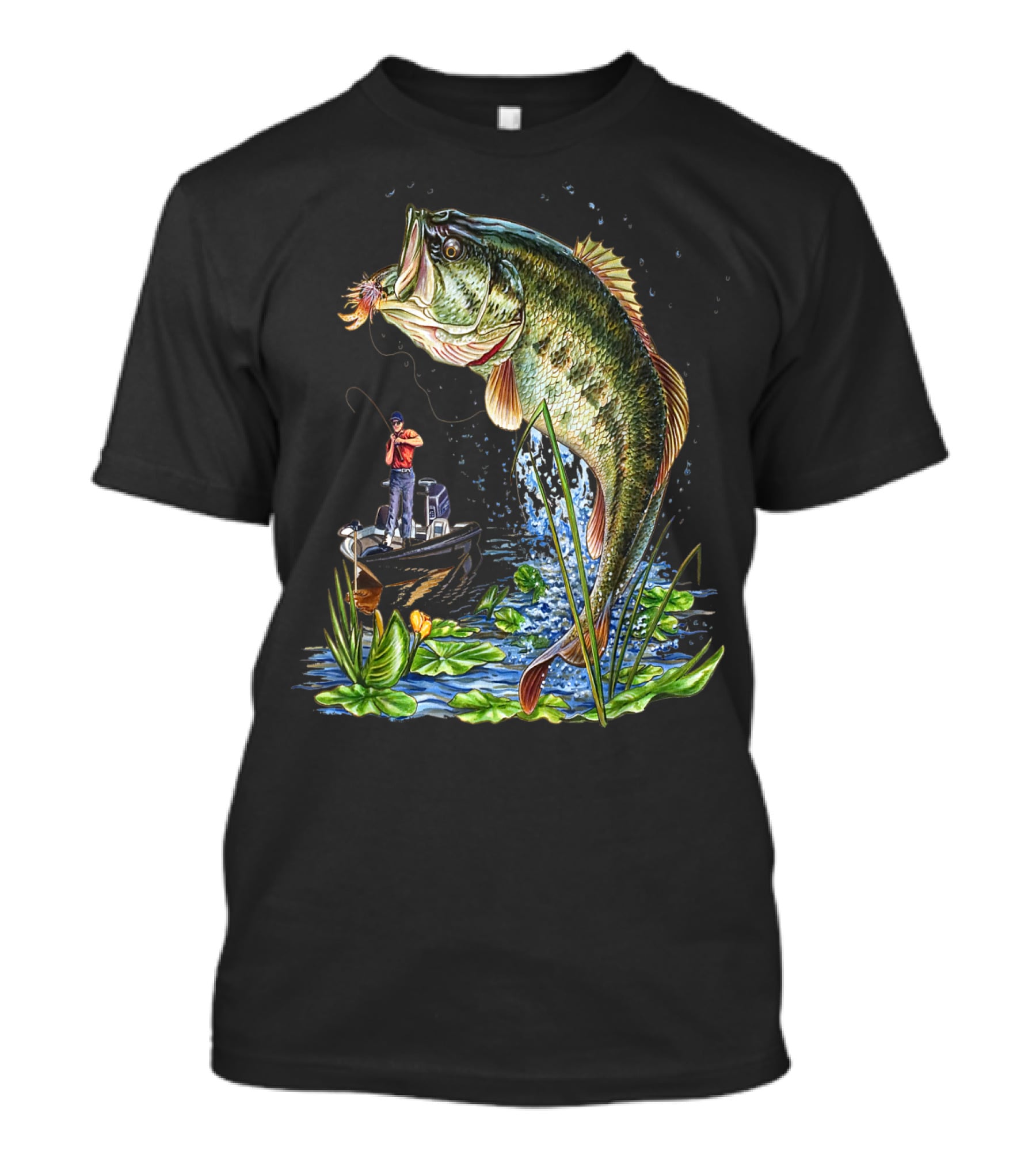 Fishing Large Mouth Bass Catching Scene With Angler And Boat T-Shirt