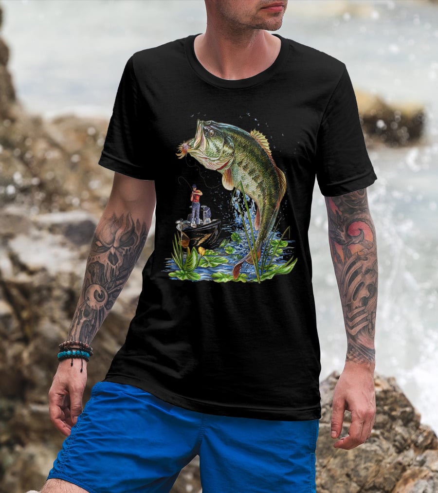 Fishing Large Mouth Bass Catching Scene With Angler And Boat T-Shirt