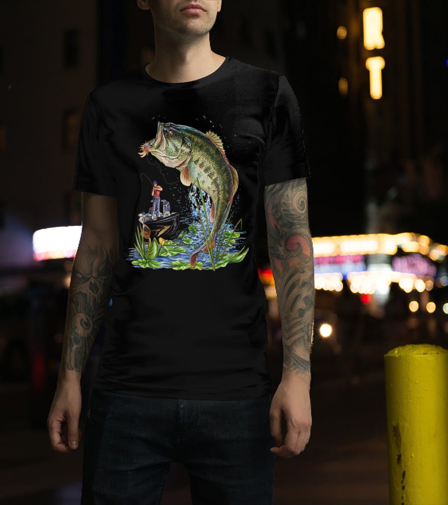 Fishing Large Mouth Bass Catching Scene With Angler And Boat T-Shirt