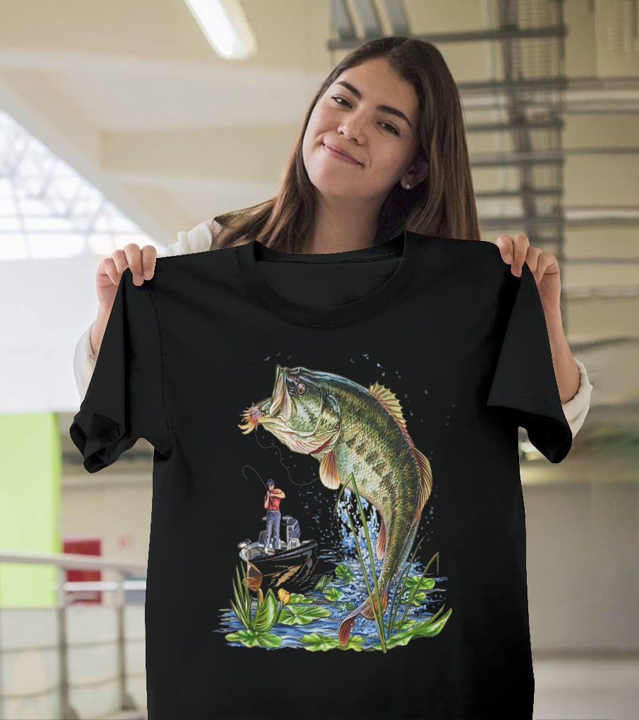 Fishing Large Mouth Bass Catching Scene With Angler And Boat T-Shirt