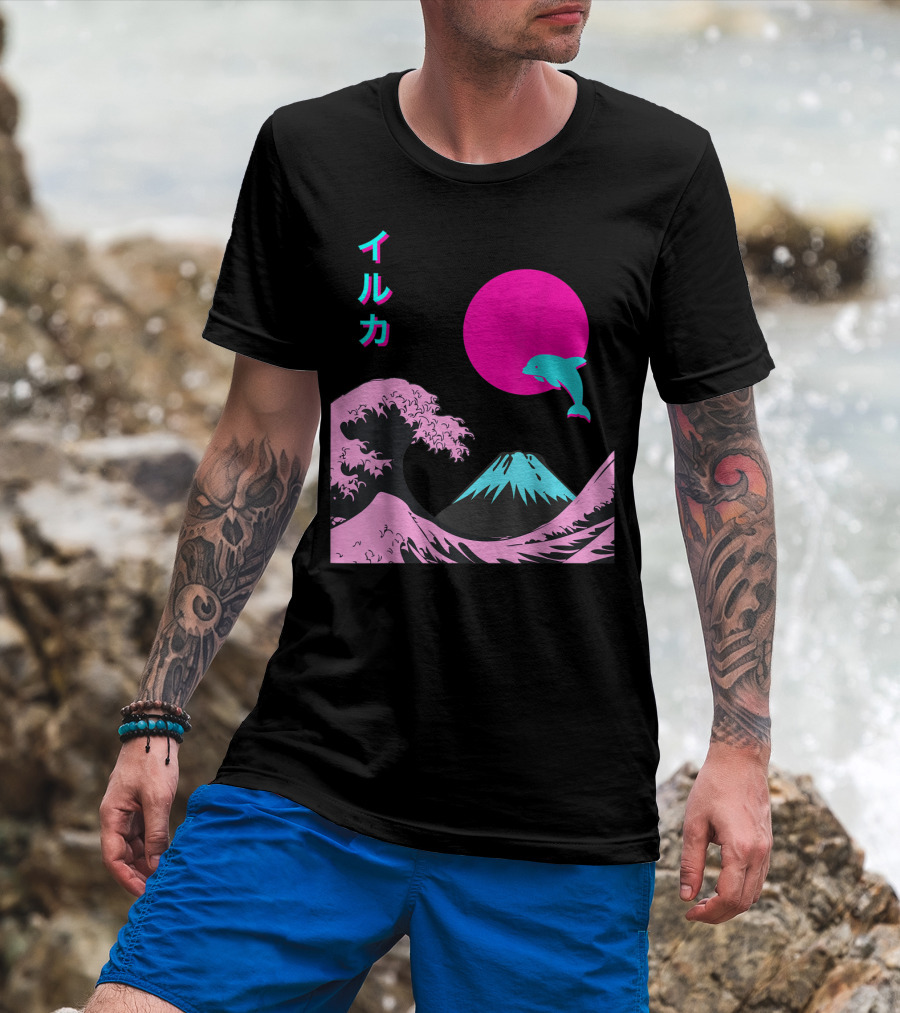Retro Aesthetic Iruka Dolphin With Japanese Writing And Mount Fuji In Neon Colors T-Shirt