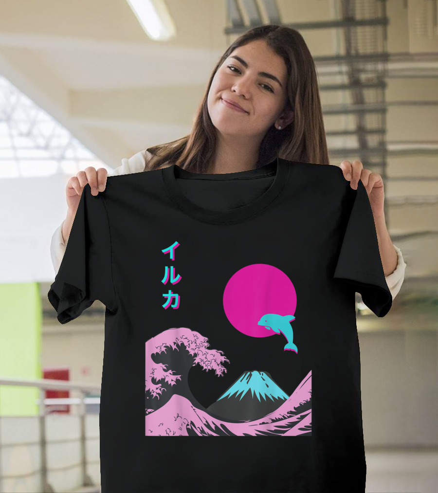 Retro Aesthetic Iruka Dolphin With Japanese Writing And Mount Fuji In Neon Colors T-Shirt