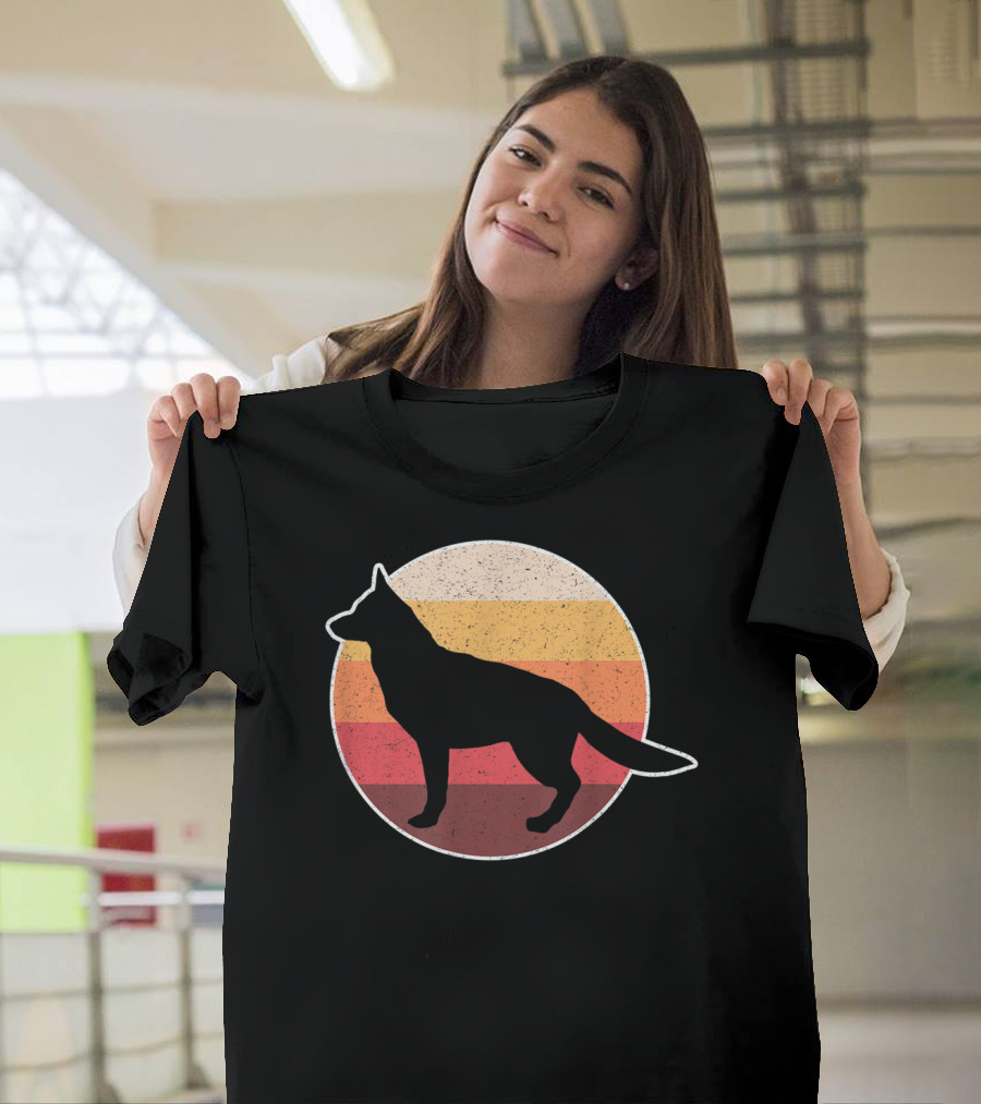 Vintage German Shepherd Silhouette With Retro Sunset Stripes T-Shirt