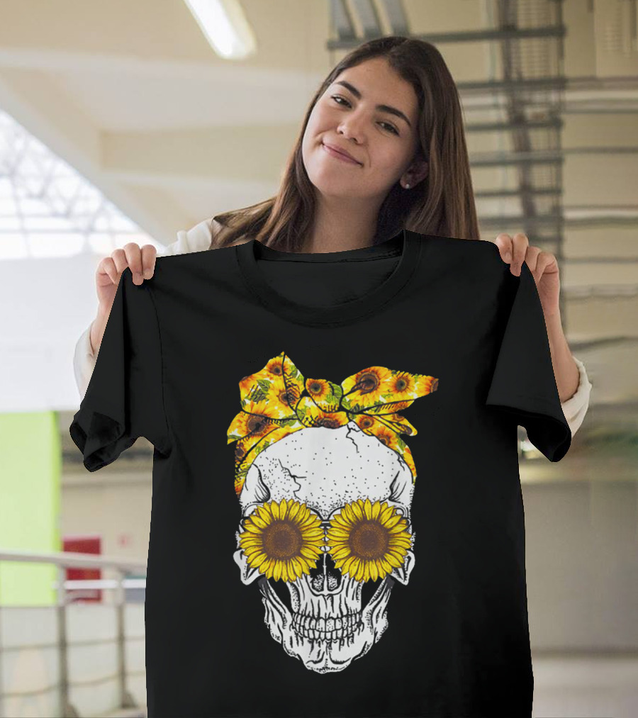 Skull With Sunflower Glasses And Floral Headband T-Shirt