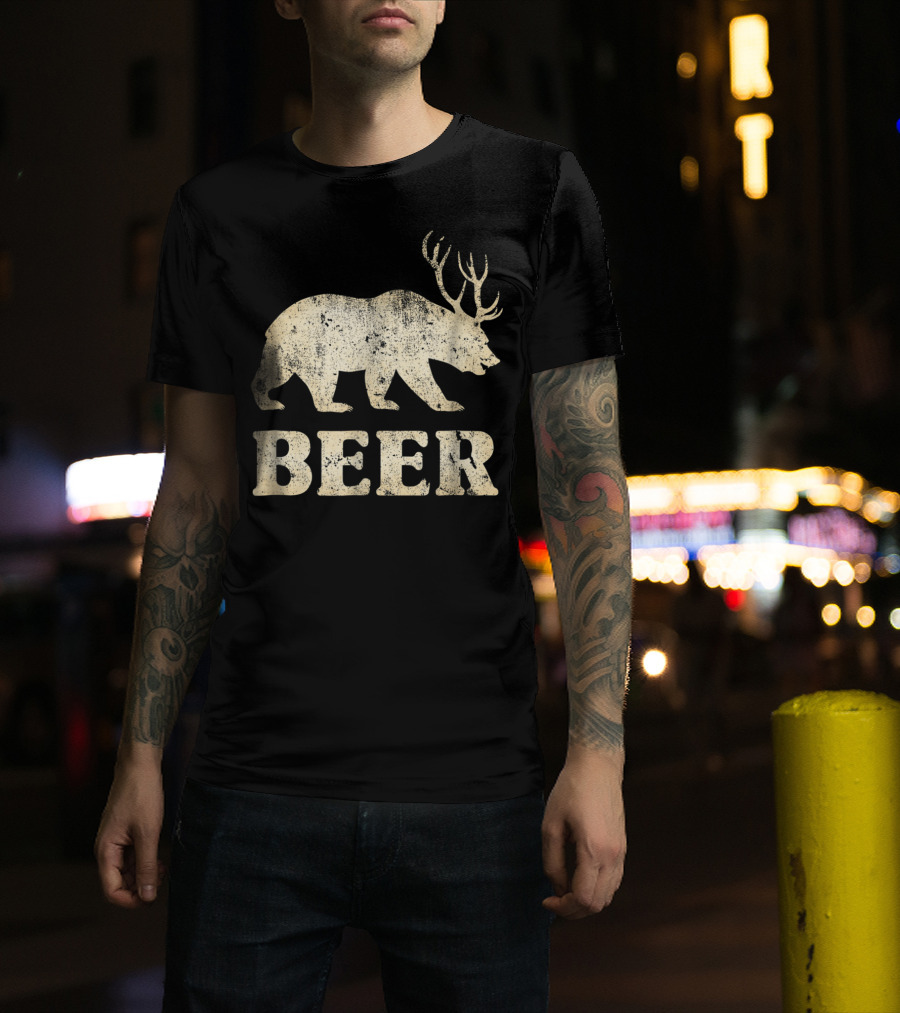 Vintage Bear Deer Beer Funny Retro Mashup T-Shirt