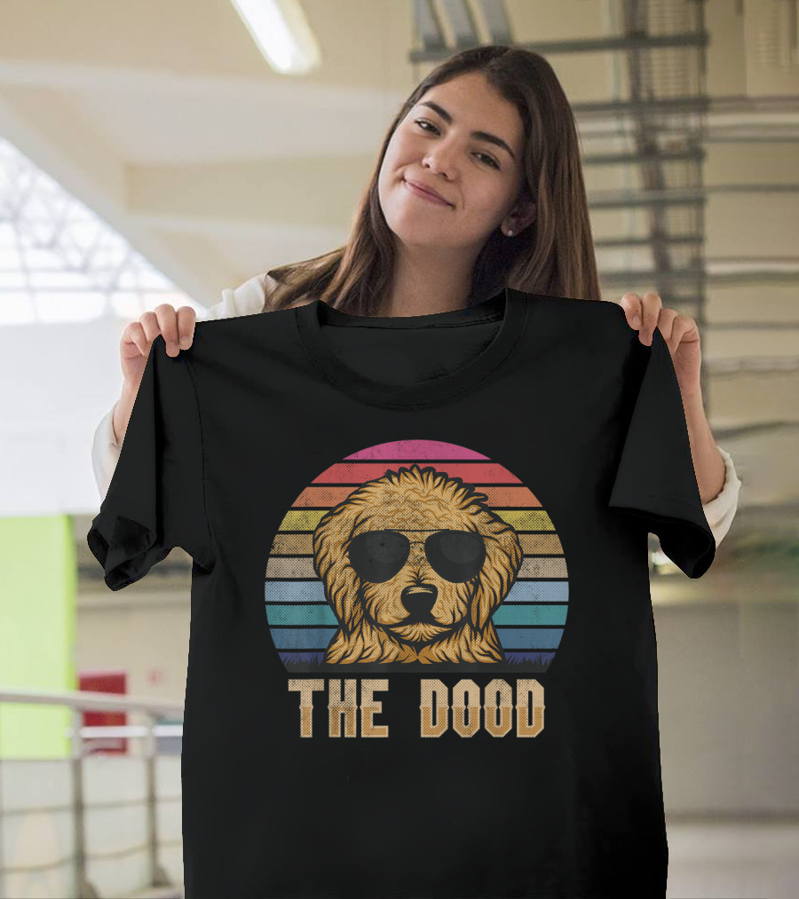 Retro Vintage Goldendoodle The Dood Dad Sunglasses Rainbow Stripes T-Shirt