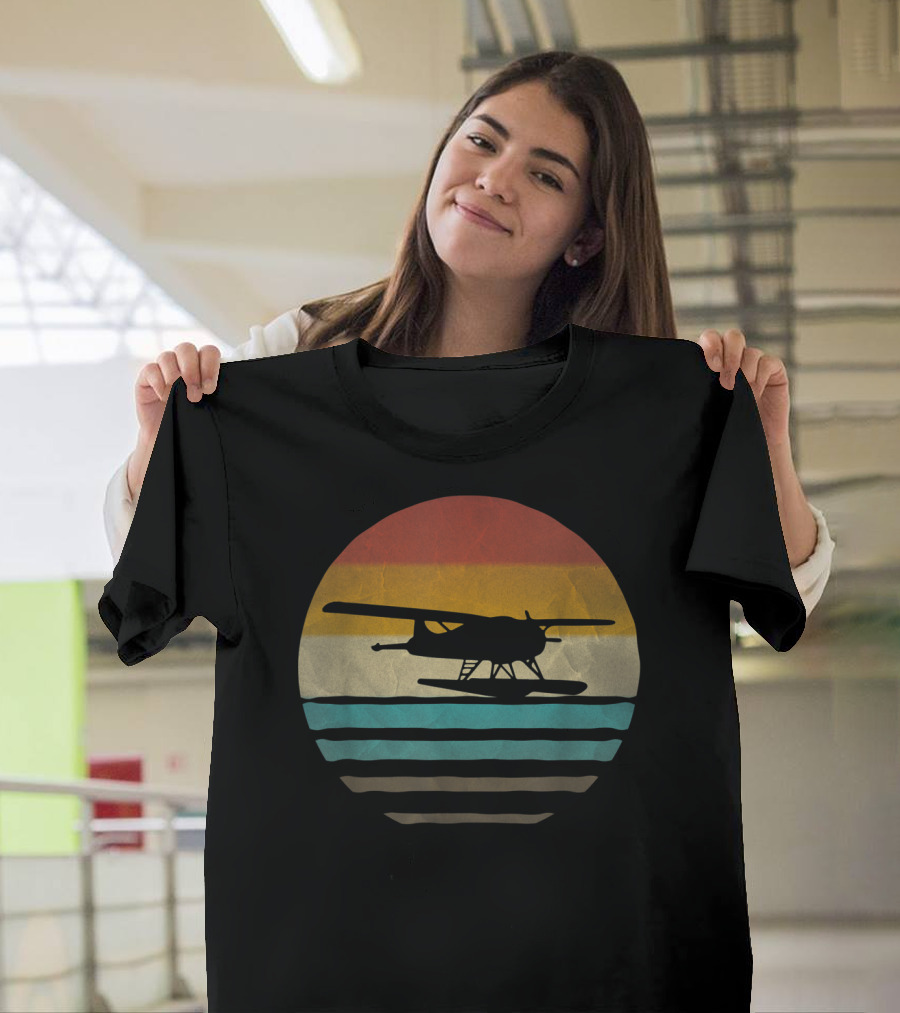 Retro Vintage Seaplane Silhouette In Sunset Stripe Circle T-Shirt