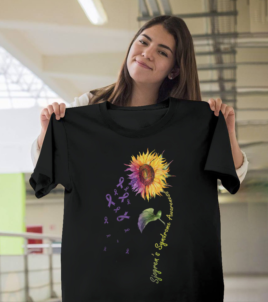 Sjogren's Syndrome Awareness Sunflower with Purple Ribbons T-Shirt