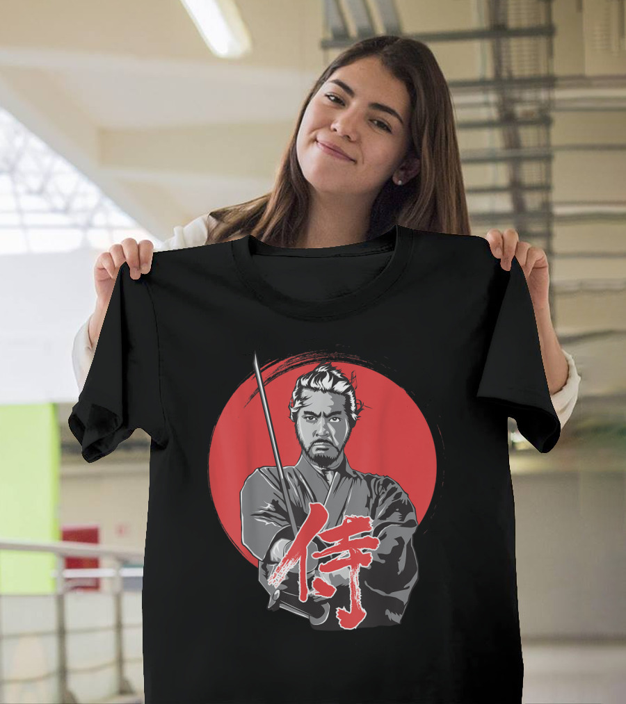 Samurai Warrior With Katana Red Sun Background T-Shirt