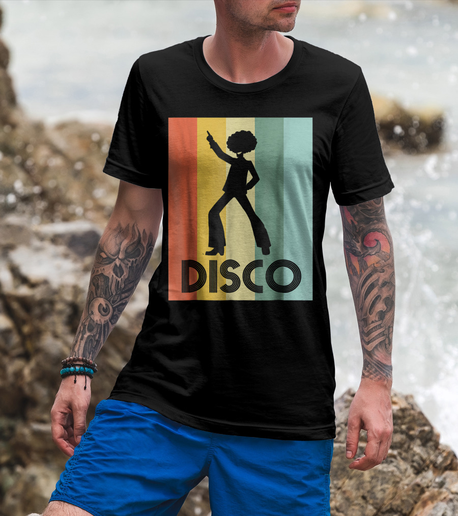 70s Disco Dancing Silhouette Retro Stripes T-Shirt