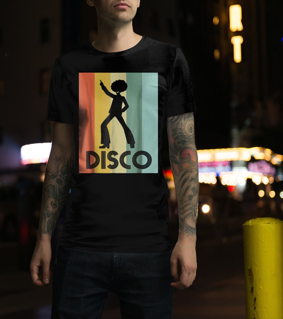 70s Disco Dancing Silhouette Retro Stripes T-Shirt