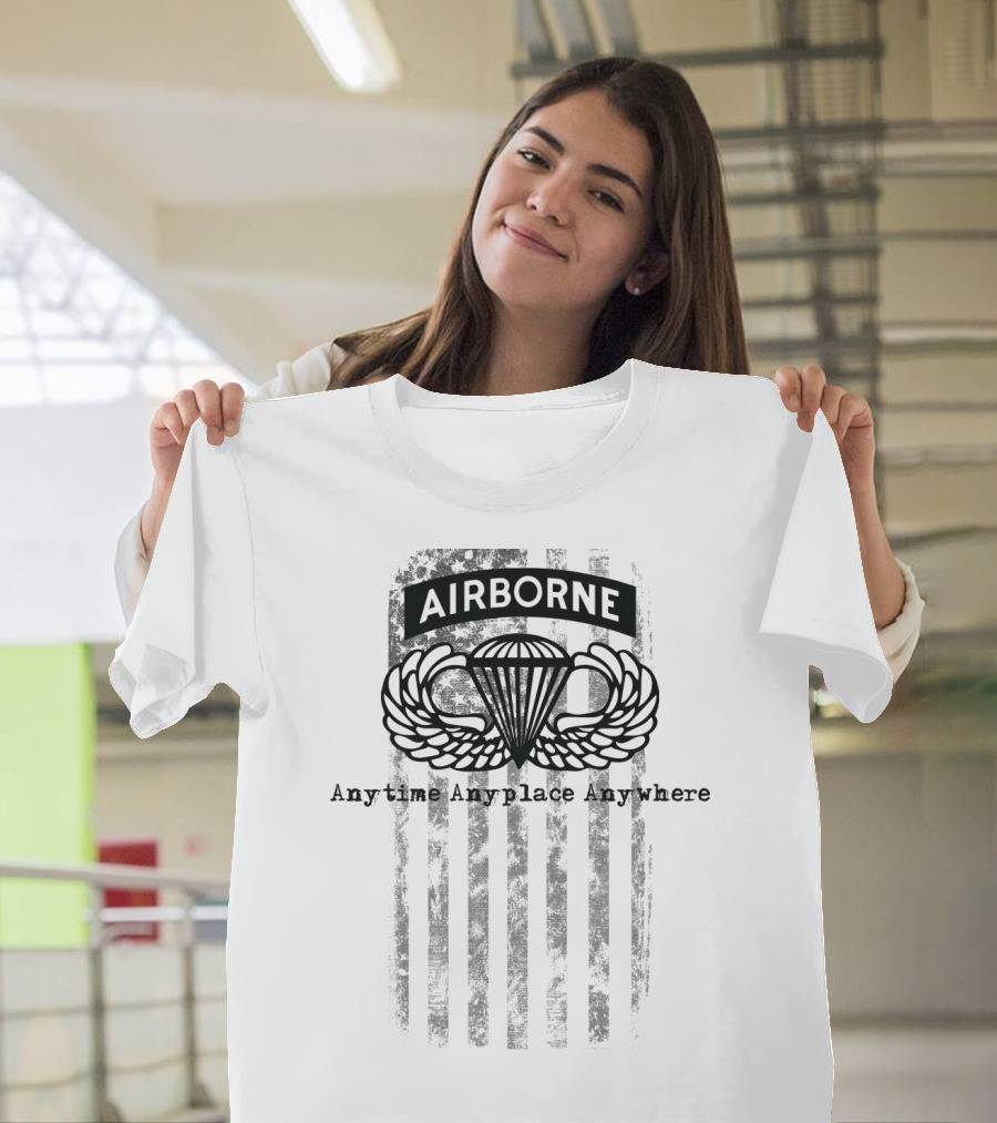Airborne Paratrooper Black Jump Wings Anytime Anyplace Anywhere T-Shirt