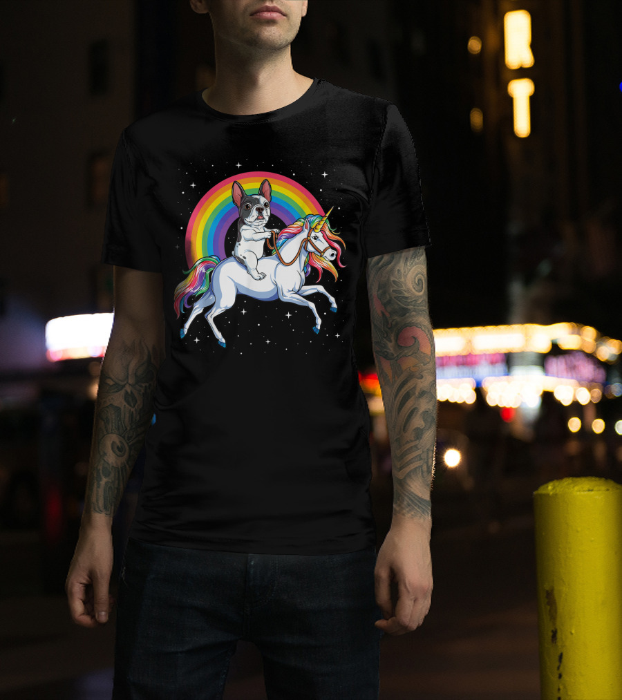 French Bulldog Riding Rainbow Unicorn In Space Galaxy T-Shirt