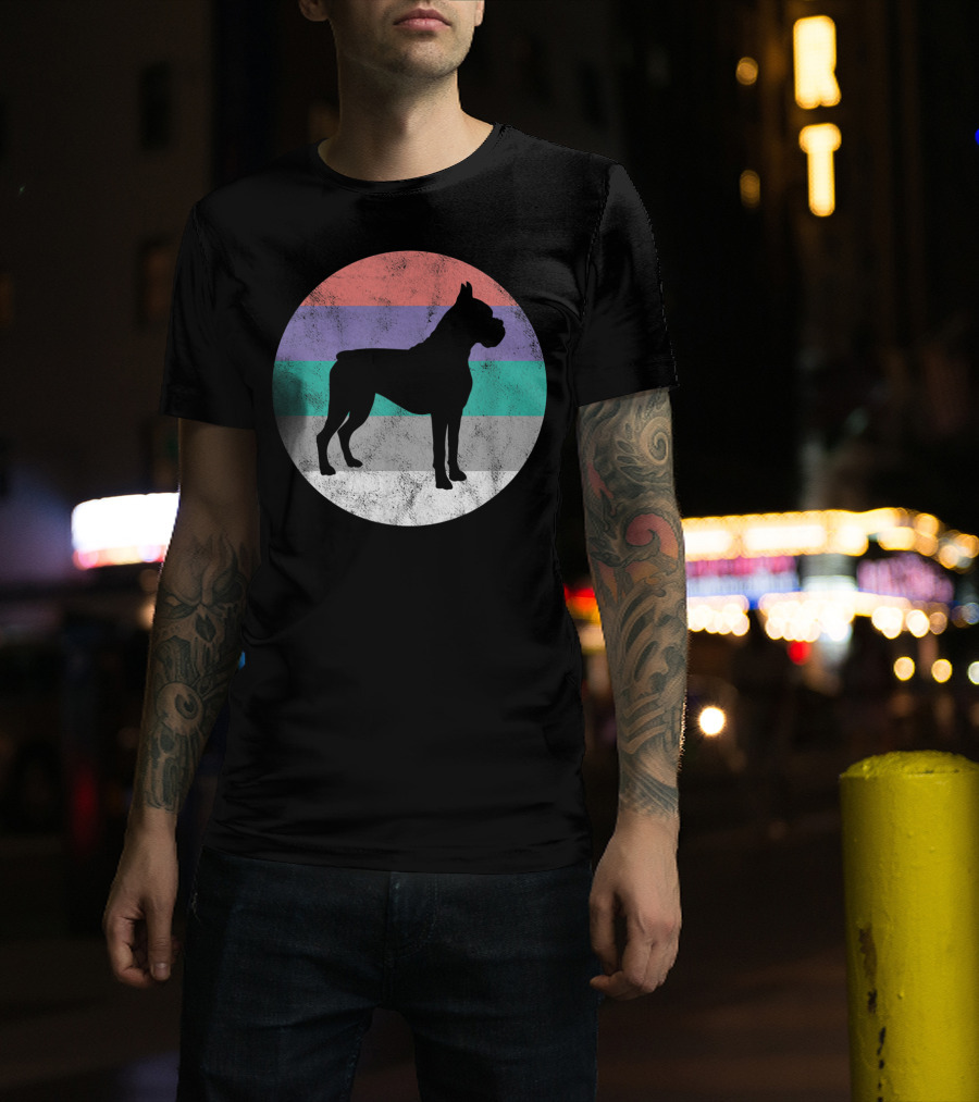 Boxer Dog Silhouette With Striped Circle Retro T-Shirt