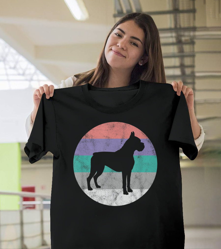 Boxer Dog Silhouette With Striped Circle Retro T-Shirt