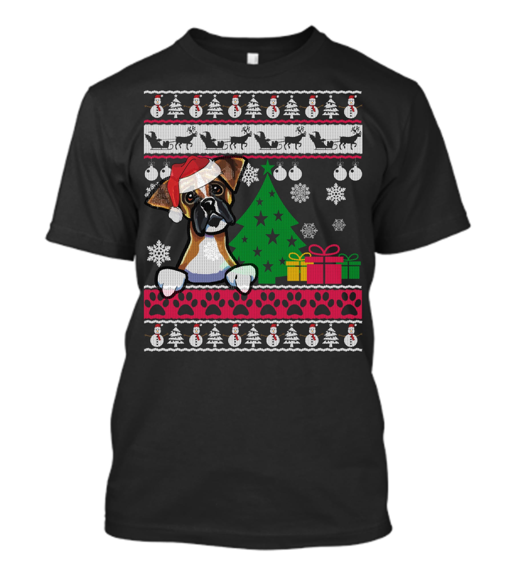 Boxer Dog Santa Hat Ugly Christmas Holiday Tree Gifts Snowflakes Festive T-Shirt