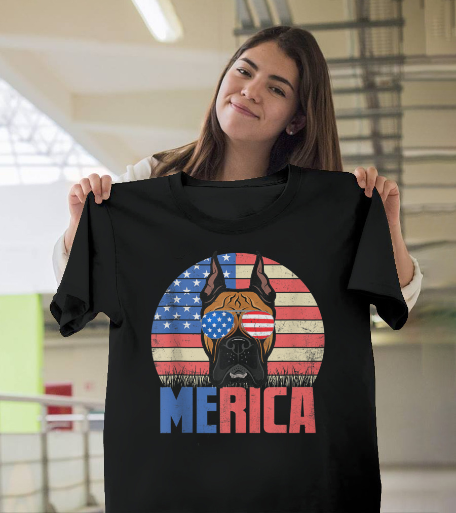 Merica Boxer Dog with USA Flag Sunglasses 4th of July Puppy T-Shirt