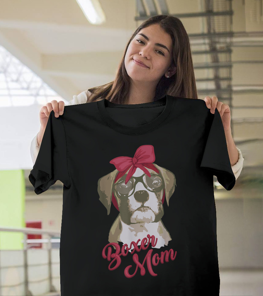 Boxer Mom Funny Cool I Heart Boxer Breed Glasses Red Bow T-Shirt