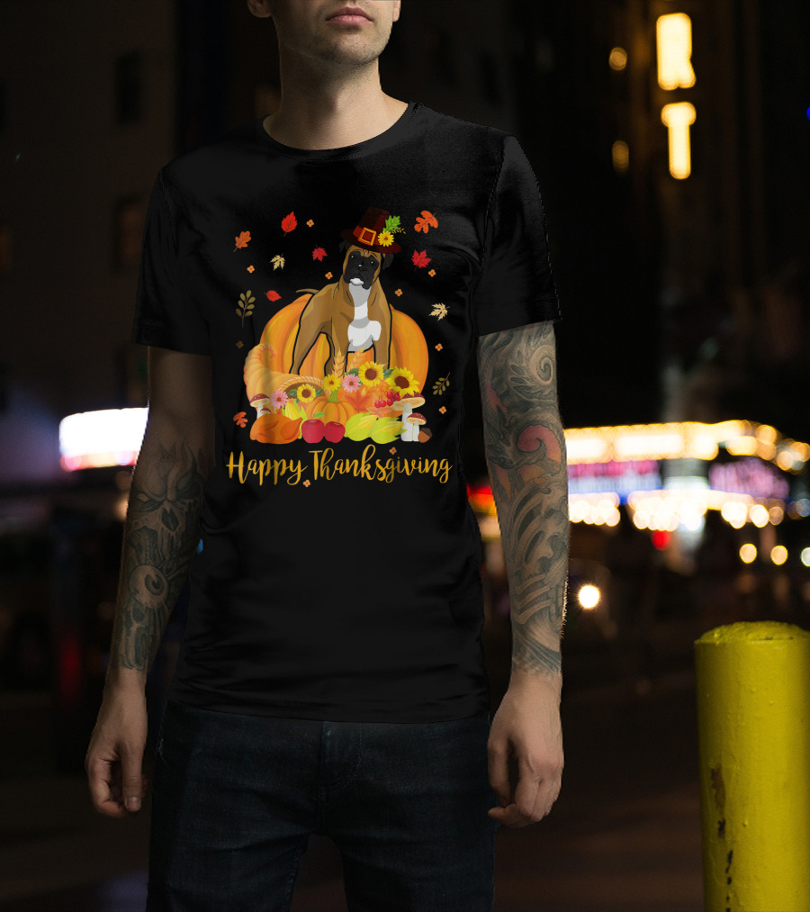 Thanksgiving Boxer Dog With Pilgrim Hat And Harvest Feast T-Shirt