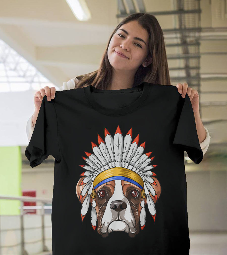 Native Indian American Boxer Feather Headdress Boxer Dog T-Shirt