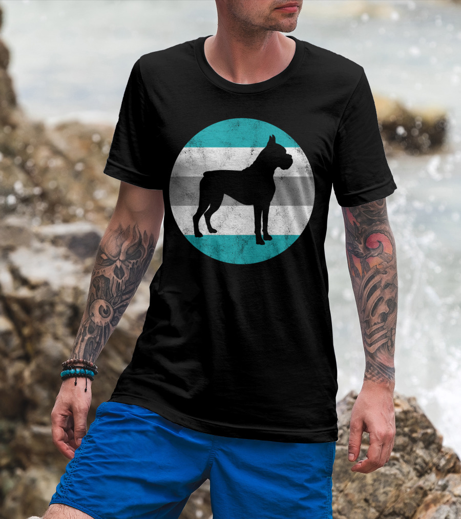 Boxer Dog Silhouette On Retro Striped Circle For Teens T-Shirt