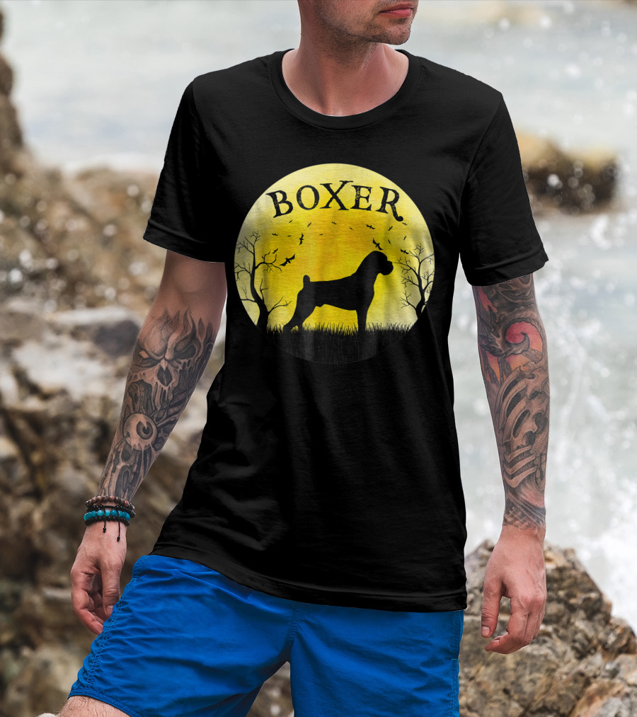Boxer Dog Full Moon Halloween Bats Trees Vintage T-Shirt