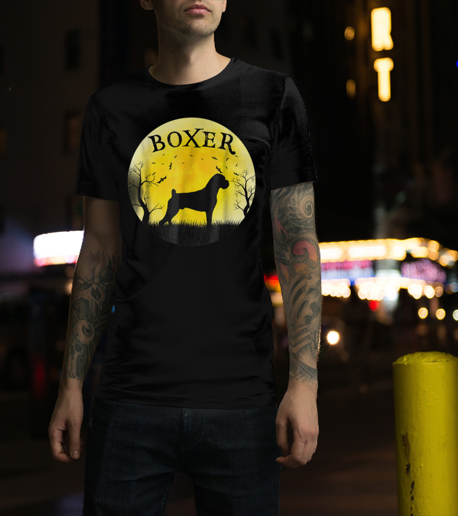 Boxer Dog Full Moon Halloween Bats Trees Vintage T-Shirt