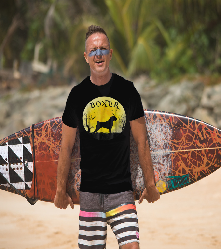 Boxer Dog Full Moon Halloween Bats Trees Vintage T-Shirt