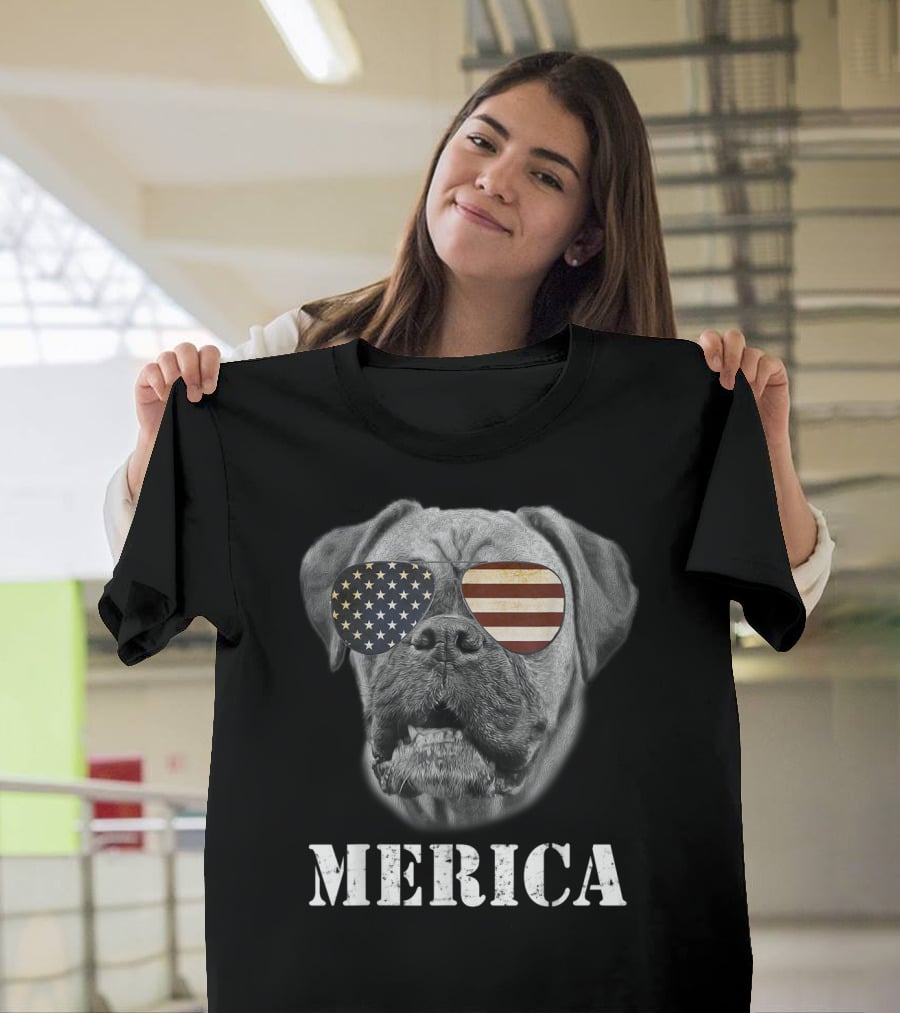 Merica Patriotic Boxer Dog With USA Flag Sunglasses T-Shirt