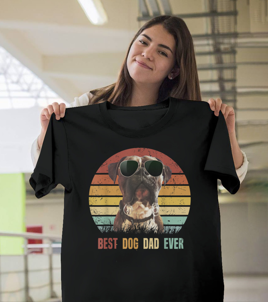 Mens Vintage Best Dog Dad Ever Boxer Dog Sunglasses Retro Sunburst T-Shirt