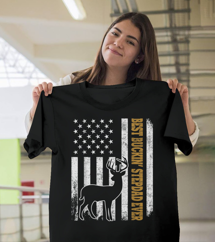 American Flag Best Buckin Stepdad Ever Deer T-Shirt