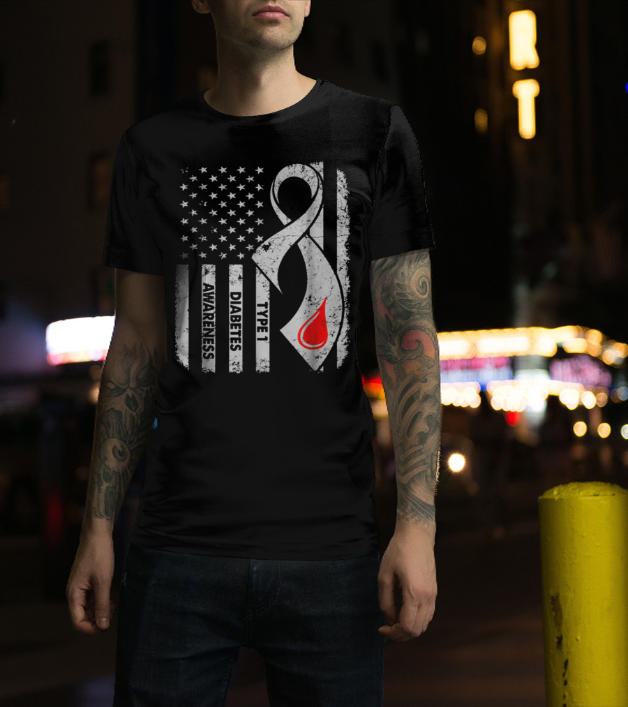 American Flag Type 1 Diabetes Awareness Ribbon With Blood Drop T-Shirt