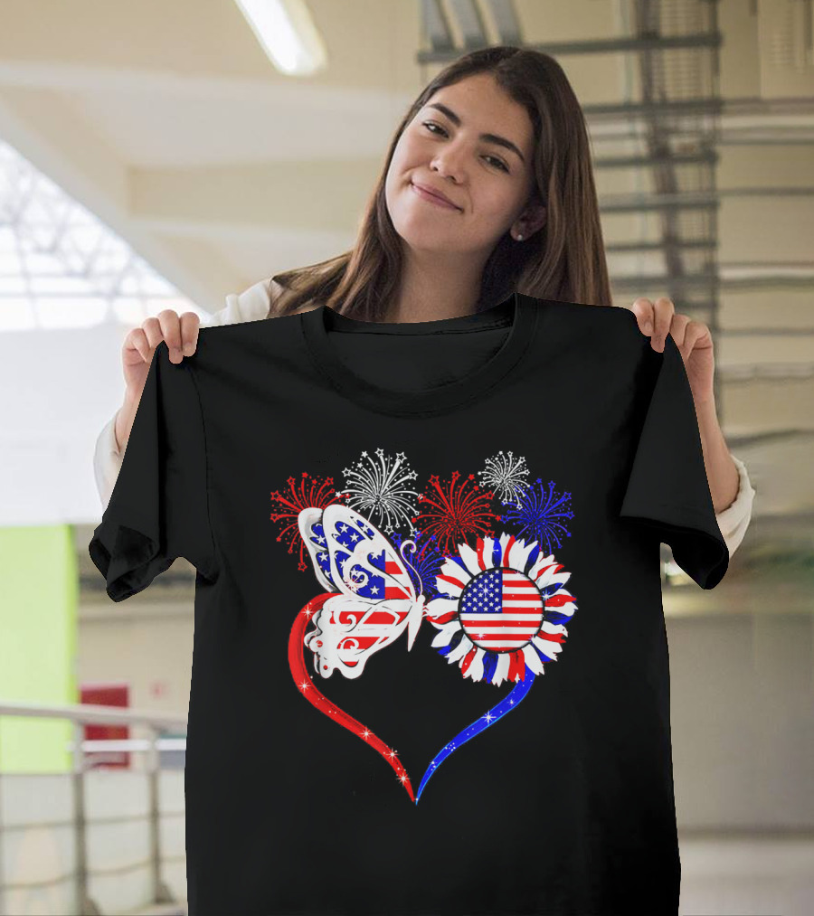 Butterfly Heart Sunflower American Flag 4th July Fireworks T-Shirt